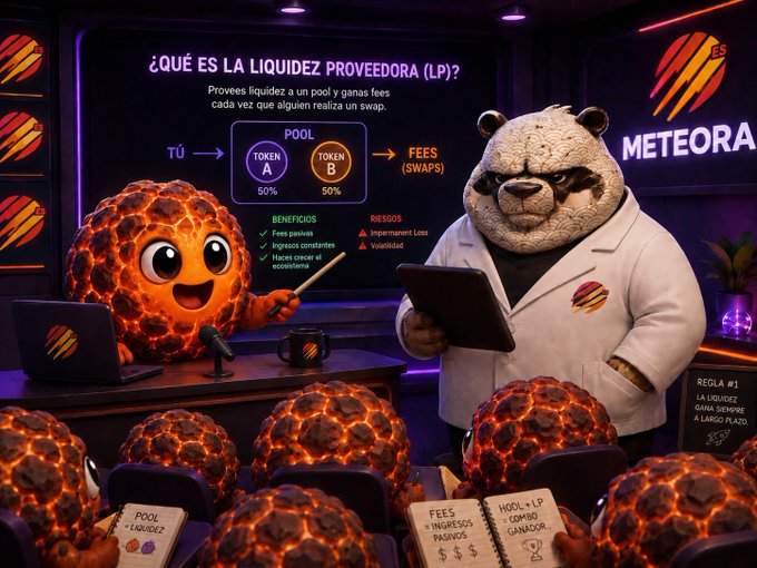 A costumed bear professor and a magma-like lava character lead a classroom of lava students, with the screen behind them reading "¿QUÉ ES LA LIQUIDEZ PROVEEDORA (LP)? Provee liquidez a un pool y ganas fees cada vez que alguien realiza un swap," illustrating the speaker's upcoming Meteora LP class on how liquidity works and how to earn swap fees.