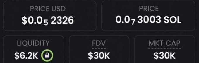 A screenshot of a cryptocurrency trading dashboard displays metrics for a token priced at $0.0₅2326 USD (0.0₇3003 SOL), with $6.2K liquidity (locked), $30K FDV, and $30K market cap. The accompanying post touts a track record of successful meme coin calls like $ANSEM (118x) and $JIMOTHY (85x), with this dashboard likely showing one of these low-cap tokens to illustrate the kind of small-cap, low-liquidity meme coin plays the account promotes.
