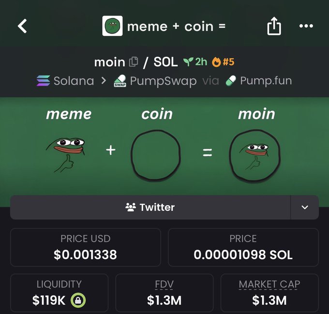 A screenshot of a cryptocurrency trading app shows a meme coin called 'moin' on Solana/PumpSwap via Pump.fun, displaying the equation 'meme + coin = moin' with a price of $0.001338 USD and a market cap of $1.3M.