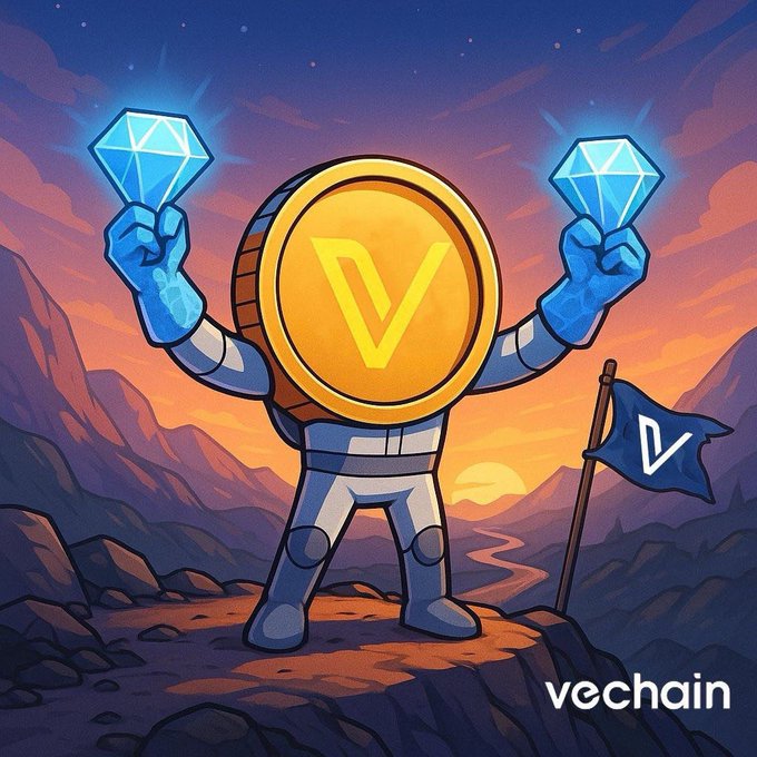 The image features a cartoon character, possibly a robot or an alien-like creature, standing on top of a cliff with two large diamonds attached to its head. The character has a sword in one hand and a flag in the other. The background is a beautiful sunset over mountains, creating a dramatic atmosphere. In the bottom right corner of the image, there's text that reads "I am buying as much $VET as I can." This suggests that someone might be interested in purchasing this unique cartoon character or its accompanying items.