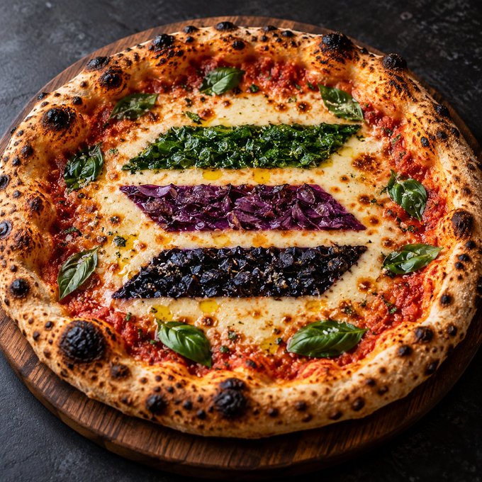 A Neapolitan-style pizza on a wooden board, topped with tomato sauce, cheese, basil leaves, and decorative horizontal stripes of green, purple, and black ingredients.