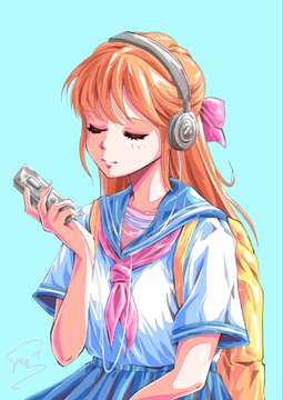 An anime-style girl with long orange hair wears headphones and a school uniform while looking at her smartphone against a turquoise background.