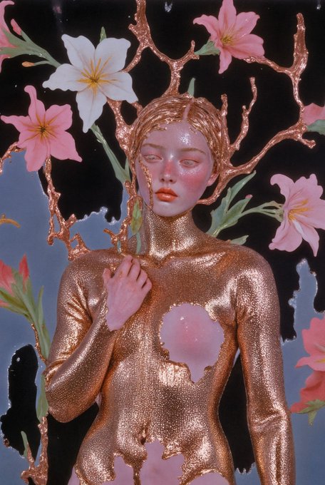 An artistic portrait features a figure in a metallic copper-colored bodysuit with branch-like horns, surrounded by pink and white lilies against a dark background.