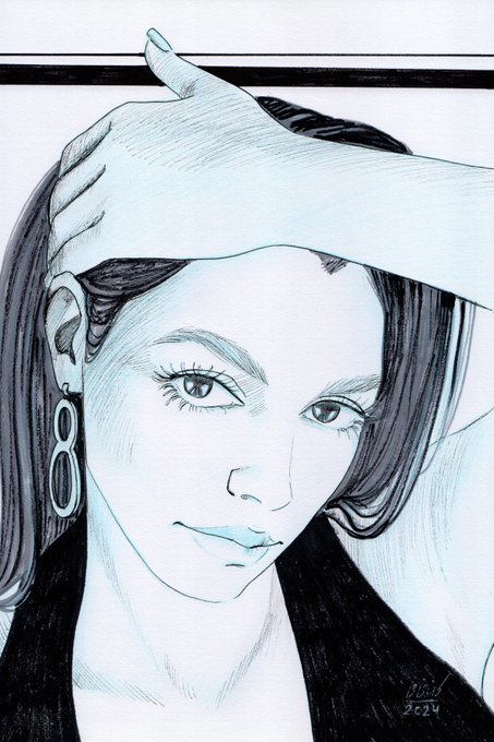 A detailed pencil or ink sketch portrait of a woman with her hand resting on her head, wearing large earrings, signed and dated 2024.