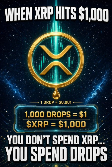 The image features a glowing gold XRP coin set against a cosmic background with the headline "WHEN XRP HITS $1,000" and breakdown text showing "1 DROP = $0.001," "1,000 DROPS = $1," and "$XRP = $1,000," captioned below with "YOU DON'T SPEND XRP... YOU SPEND DROPS." This directly illustrates the post's central concept—that at a $1,000 XRP price, users would transact in fractional "drops" (1,000,000 drops per XRP) rather than whole XRP, making everyday purchases like a $5 coffee cost 5,000 drops.