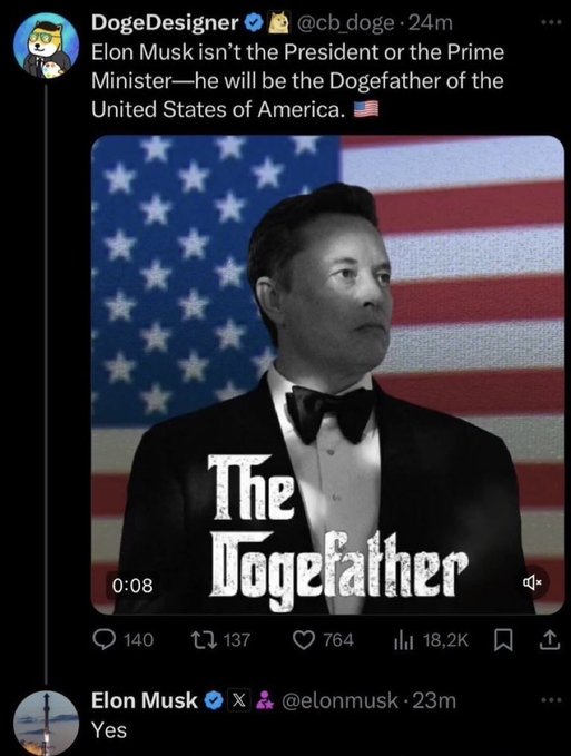 The image shows a tweet from @cb_doge (DogeDesigner) featuring a stylized image of Elon Musk in a tuxedo against an American flag background with "The Dogefather" text overlay, referencing his role with Dogecoin. Below it, Elon Musk himself (@elonmusk) responds with just "Yes," confirming his self-appointed title as suggested in the accompanying post about Musk being the "Dogefather of the United States of America."