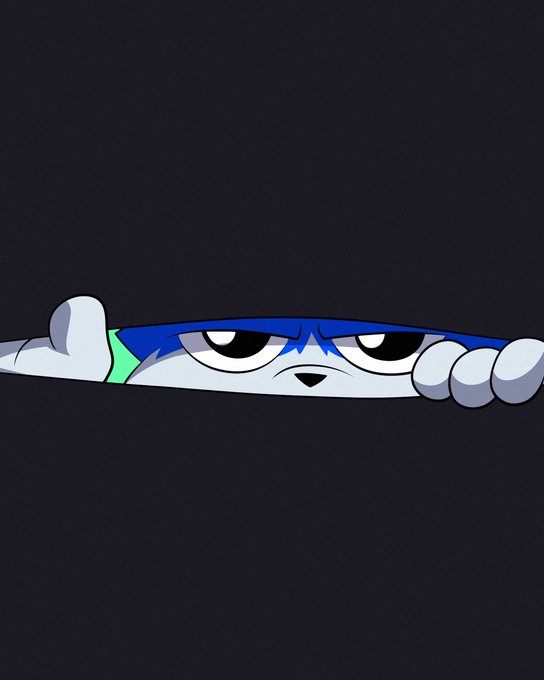 A cartoon cat peeks out suspiciously from under a dark gray background, its sleepy eyes and blue mask conveying a "not a morning person" vibe that perfectly captures the Monday blues mood.
