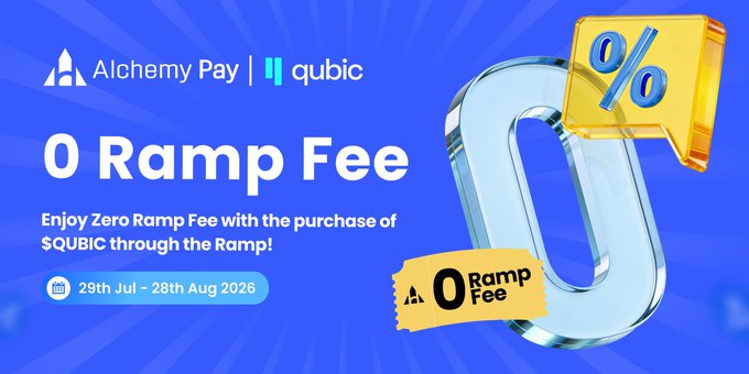A promotional graphic for Alchemy Pay and Qubic's "0 Ramp Fee" campaign, featuring bold text announcing zero ramp fees on $QUBIC purchases through Ramp from July 29th to August 28th, accompanied by a stylized 3D blue paperclip and yellow "0% off" tag design on a blue background.