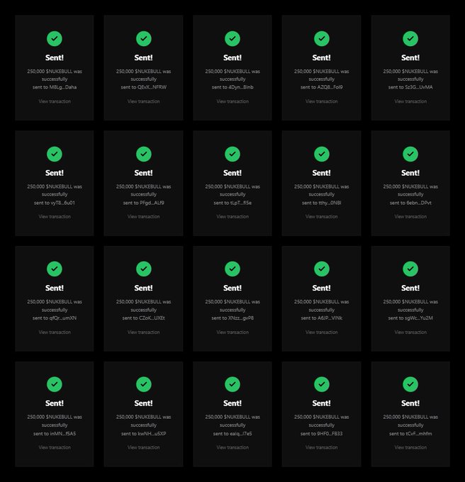 The image shows a grid of 20 transaction confirmation cards, each displaying a green checkmark and "Sent!" indicating that 250,000 $NUKEBULL tokens were successfully sent to different Solana wallet addresses. This visually supports the airdrop promotion, demonstrating that tokens are being distributed to the first 500 eligible wallets that followed the entry requirements.