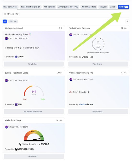 The image shows a screenshot of a website called basescan.org, which displays various information about users, including their Base Reputation Score (BR) and Wallet Trust Score (WTS). A yellow arrow points towards the BR score on this screen. The background color is white with purple text providing descriptions related to this site. The post also mentions that the WTS of the user's wallet is low.
