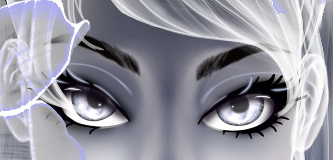 A close-up digital anime-style illustration of a character's face focusing on large purple eyes and white hair against a gray background.