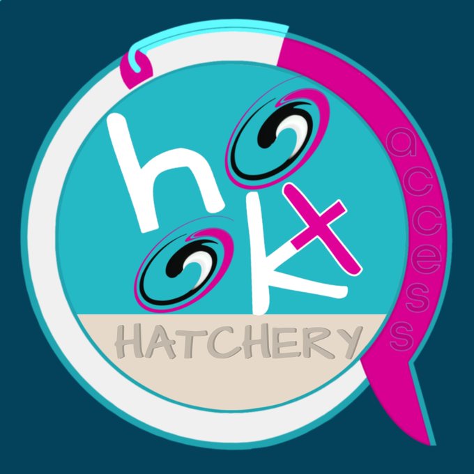 A circular logo for 'HOK HATCHERY access' featuring stylized text with googly eyes and a pink ribbon on a teal background.
