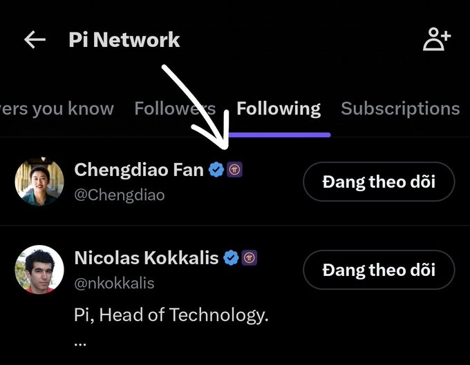 The image shows a social media "Following" list for Pi Network, with a white arrow pointing to Chengdiao Fan's verified account (@Chengdiao) featuring an official Pi badge, alongside Nicolas Kokkalis (@nkokkalis), Head of Technology, both marked as "Đang theo dõi" (Following in Vietnamese). This visual reinforces the post's warning by demonstrating what legitimate, officially-badged Pi Network core team members look like, helping users distinguish genuine team accounts from impersonators.