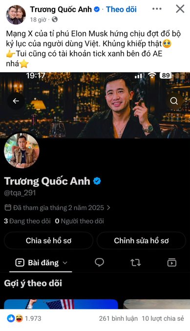 A screenshot of a Facebook post by Trương Quốc Anh (@tqa.291) in Vietnamese, discussing Elon Musk's X account reaching Vietnamese users, with a profile showing 3 following and 0 followers.