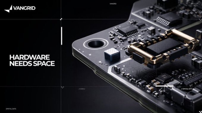 A sleek, dark promotional image for 'VANGIRD' showing a close-up of a circuit board or hardware component with gold accents, accompanied by the bold text 'HARDWARE NEEDS SPACE.'