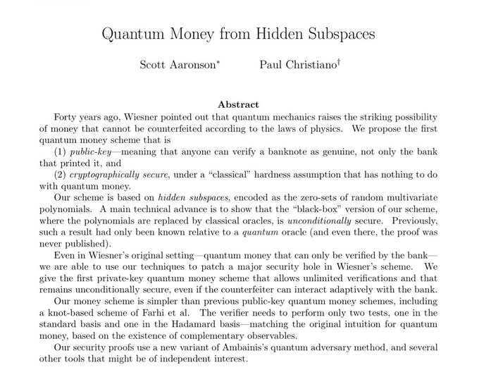 The abstract page of an academic paper titled 'Quantum Money from Hidden Subspaces' by Scott Aaronson and Paul Christian.