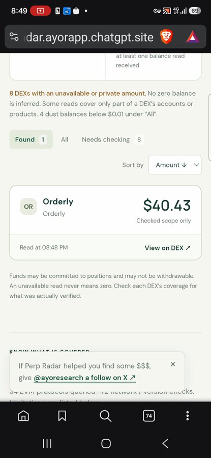 A mobile screenshot of dar.ayorapp.chatgpt.site showing Perp Radar search results, displaying a balance of $40.43 for Orderly DEX, read at 08:48 PM.