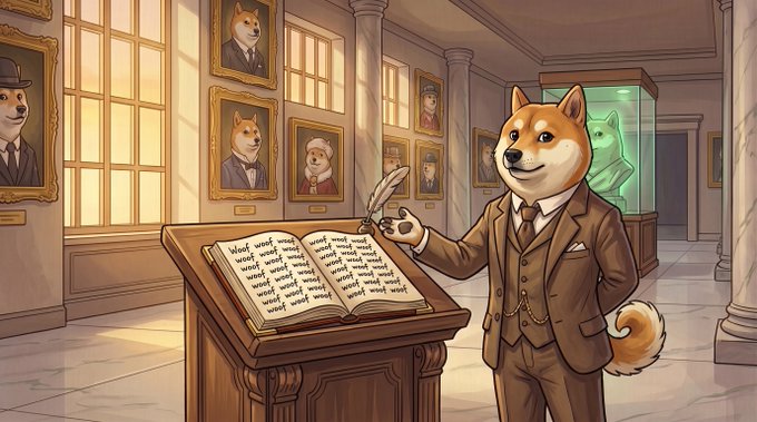 An illustrated scene of an anthropomorphic Shiba Inu dog wearing a brown suit, holding a quill and writing 'Woof woof woof' in a large book, with other dog portraits on the walls and a ghostly green dog in a display case.