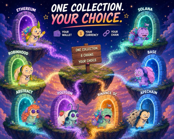 The whimsical illustration features cute creatures emerging from colorful portal doors labeled with various blockchain networks (Ethereum, Solana, Base, Robinhood, Apechain, Abstract, Polygon, and Binance SC), all connecting to a central sign declaring "ONE COLLECTION. 8 CHAINS. YOUR CHOICE." The image visually reinforces the post's message about chain-agnostic NFT collections, emphasizing "YOUR WALLET," "YOUR CURRENCY," and "YOUR CHAIN" as key elements that let collectors engage regardless of blockchain preference.