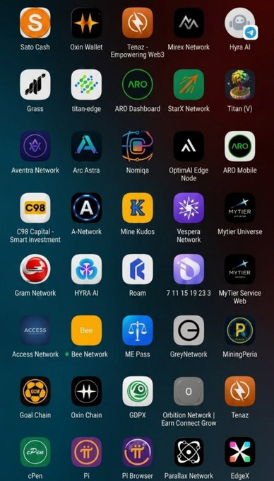 The image displays a grid of 33 DePIN and Web3 project icons and logos, including Sato Cash, Oxin Wallet, Tenaz, Mirex Network, Hyra AI, Grass, titan-edge, ARO Dashboard, StarX Network, Titan (V), Aventia Network, Arc Astra, Nomiga, OptimAI Edge Node, ARO Mobile, C98 Capital, A-Network, Mine Kudos, Vespera Network, Mytier Universe, Gram Network, HYRA AI, Roam, 7.11.15.19.23.3, MyTier Service Web, Access Network, Bee Network, ME Pass, GreyNetwork, MiningPerla, Goal Chain, Oxin Chain, GDPX, Orbiton Network, cPen, Pi, Pi Browser, Parallax Network, and EdgeX—visually representing the 33 active DePIN and Web3 mining projects featured in the honest portfolio reveal.