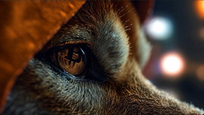 Close-up of a dog's eye reflecting light, with the animal wearing a brown/orange covering over its head.