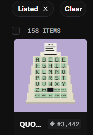 A mobile screen showing a digital collectible of a Wordle game board with the words 'Z ft' completed, labeled 'QUO...' with a price of '3,442'.