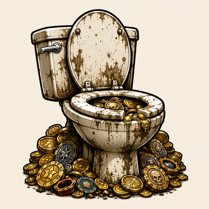 An illustration of a dirty, stained toilet overflowing with gold coins, poker chips, and tokens, set against a cream background.