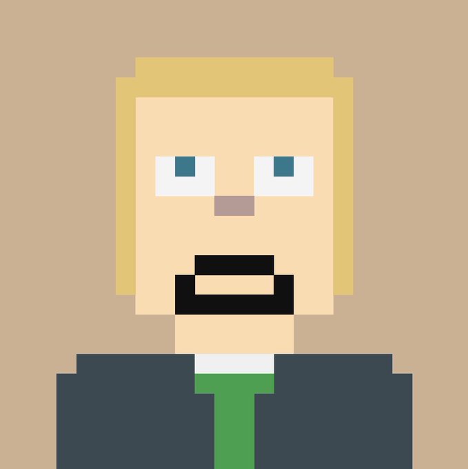 A pixel-art style portrait of a blonde-haired character with blue eyes, a black beard/mustache, wearing a dark suit jacket, white shirt, and green tie against a tan background.