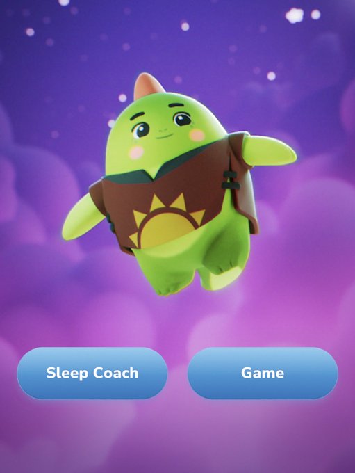 A 3D-rendered green character with a pink mohawk wearing a brown shirt with a sun design, floating against a purple starry background above buttons labeled 'Sleep Coach' and 'Game'.
