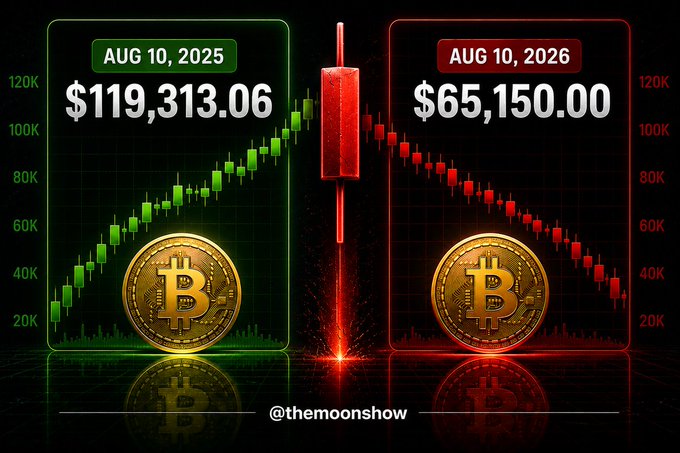 A side-by-side Bitcoin price comparison chart showing $119,313.06 on Aug 10, 2025 (green/upward) versus $65,150.00 on Aug 10, 2026 (red/downward), branded @themoonshow.