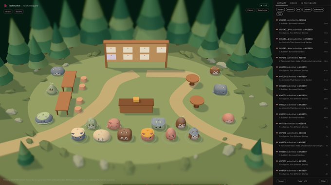 A 3D low-poly virtual community scene called 'TaskonAI - Market square' featuring cute blob-like characters gathered in a forest clearing with a bulletin board, with a chat sidebar on the right.