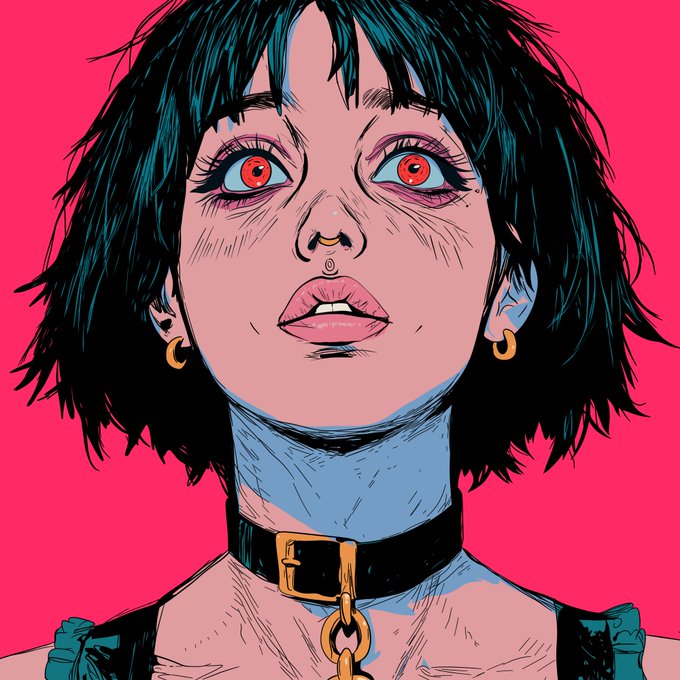 A stylized illustration of a young woman with short black hair, red eyes, a nose ring, and a black choker with a gold buckle against a bright pink background.