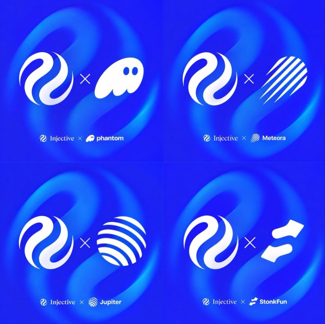 A promotional graphic on blue background showcasing four Injective ecosystem partnerships: Injective x Phantom, Injective x Meteora, Injective x Jupiter, and Injective x StonkFun.