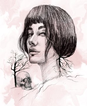 A pencil-style sketch of a person with a bob haircut beside a small skull and bare trees, set against a soft pink watercolor background.