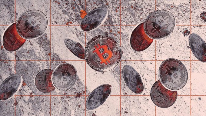 A 3D render of multiple metallic Bitcoin tokens scattered on a tiled surface, with the central coin prominently displaying the orange Bitcoin '₿' logo.