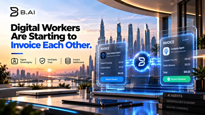 A promotional graphic for 'B.AI' declares 'Digital Workers Are Starting to Invoice Each Other,' showing floating digital invoice panels between AI agents against a modern office skyline backdrop.