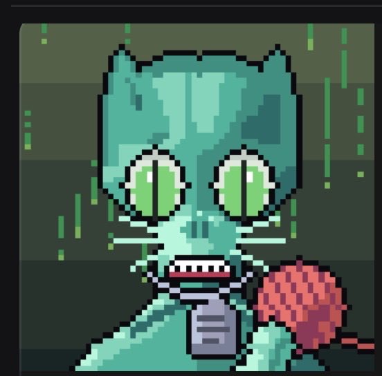 A pixel art image of a green cat-like character with large eyes and an open mouth, holding a red ball of yarn in a rainy setting.