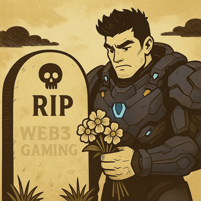 A cartoon-style illustration of a muscular man in futuristic, dark armor holding a bouquet of yellow flowers, standing solemnly next to a gravestone that reads 'RIP WEB3 GAMING'.