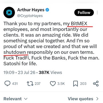 Arthur Hayes, co-founder of BitMEX, announces a shutdown of the crypto exchange platform, expressing gratitude to partners, employees, and clients while declaring "Fuck TradFi, Fuck the Banks, Fuck the man. Satoshi for life."

The image relates to the accompanying post as it shows Hayes' July 2026 tweet announcing the BitMEX shutdown, which preceded his emergence from retirement to lead the new $FLOP AI project at flop_labs.