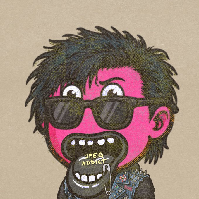 A punk-style illustration features a character with spiky black hair, sunglasses, and a wide-open mouth displaying the text 'JPEG ADDICT' on the tongue, wearing a studded denim vest against a beige background.
