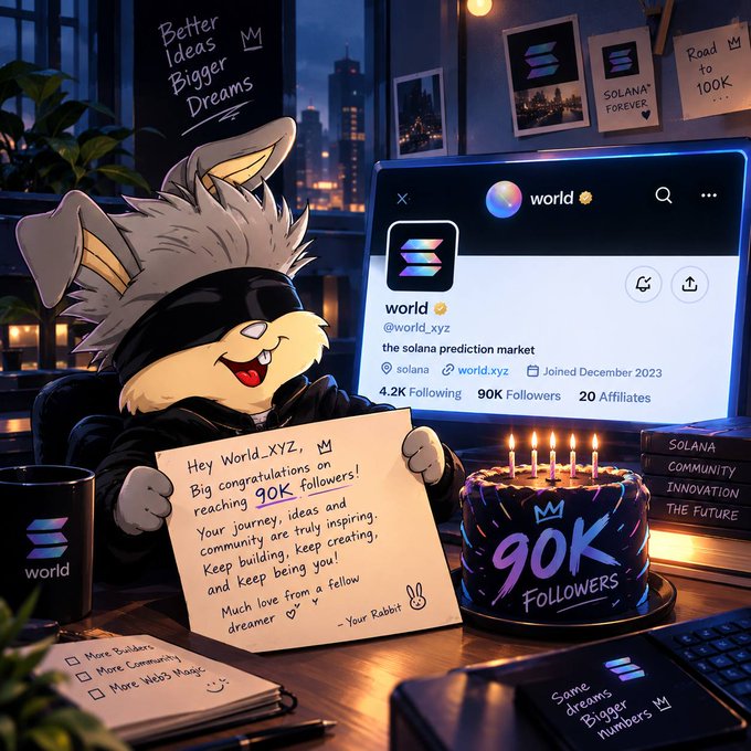 An illustrated cartoon rabbit holds a congratulatory letter celebrating World.XYZ reaching 90K followers, next to a celebratory cake and a profile showing 'the solana prediction market' with 90K Followers.