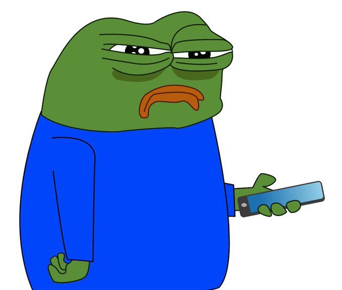 An illustration of a green frog with a disgruntled expression wearing a blue shirt and holding a blue object.