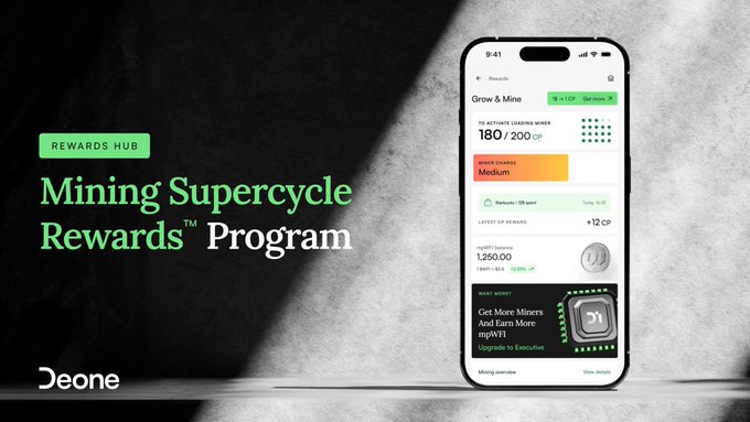 A promotional graphic for 'Deone' advertises the 'REWARDS HUB Mining Supercycle Rewards™ Program', showing a smartphone interface with 'THIS WEEK'S CAMPAIGN MIXER 180/200 CP' and 'CURRENT VOLUME Medium'.