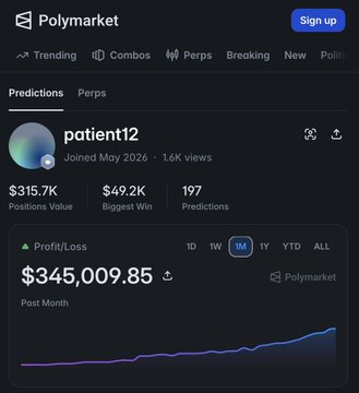 A Polymarket profile page for "patient12" displays a $345,009.85 profit/loss with $315.7K positions value, 197 predictions, and a steadily rising profit chart, illustrating the post's claim about quants generating massive returns through volatility-based strategies on a single wallet.