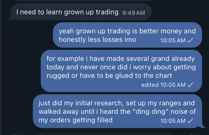 A text conversation where one person asks about "grown up trading," and the reply brags about making "several grand" by setting up ranges and walking away until hearing the "ding ding" of filled trades, humorously illustrating the post's point about finding and leveraging your personal trading superpower.