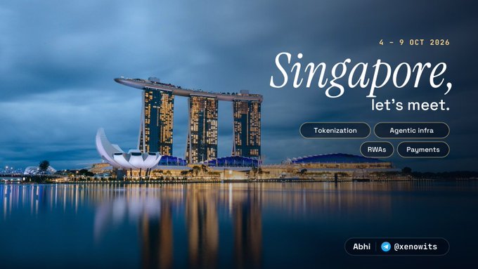 A scenic photograph of the Marina Bay Sands hotel in Singapore at dusk with overlaid text reading 'Singapore, let's meet' and tags for 'Tokenization,' 'Agentic infra,' 'RWAs,' and 'Payments,' dated 4 - 9 OCT 2026.