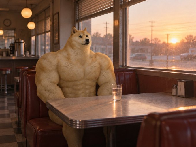 A highly muscular, anthropomorphic Shiba Inu dog sits in a classic diner booth at sunset, looking off to the side next to a glass of water.
