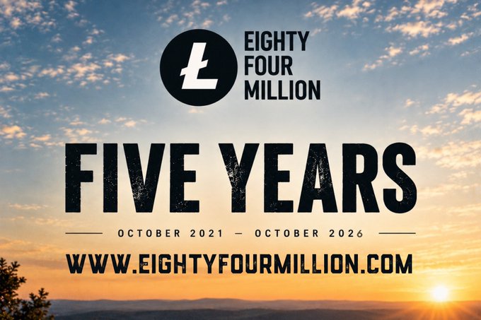 An anniversary graphic for Eighty Four Million celebrating FIVE YEARS from October 2021 to October 2026, displaying the website www.eightyfourmillion.com against a sunset background.