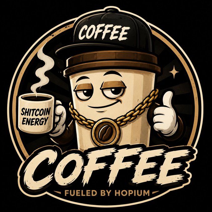 The image features a coffee cup character with a hat, holding a coffee mug and giving a thumbs up. The text "Coffee Fueled by Hopium" is written below the coffee cup character. This suggests that the coffee depicted in the image might be associated with a brand or product named Hopium Coffee.