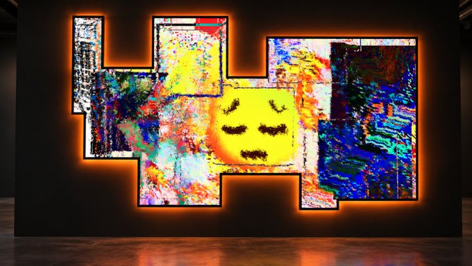 A colorful, glitch-style pixel art display in a dark room featuring a yellow smiley face surrounded by abstract digital patterns.